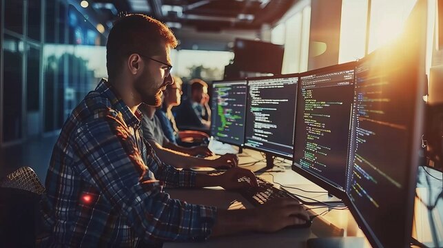 Team of programmers developing code for innovative application project in modern office environment