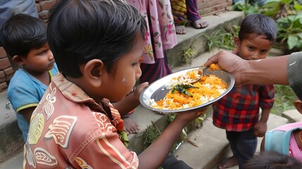 In the image, a small child is holding a bowl of food. The child has a spoon in their mouth and their face is dirty. There are several other people in the background, some of them are blurry. 