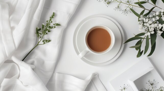 Coffee mug on a white table, ASOS style, top-down view, laid flat, minimalist.