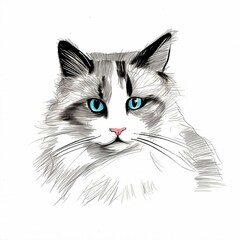 a drawing of a cat with blue eyes on a white background