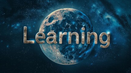 Moon Education concept creative horizontal art poster. Photorealistic textured word Learning on artistic background. Ai Generated Knowledge and Tutoring Horizontal Illustration.