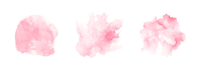 Fototapeta premium Abstract pink watercolor water splash set on a white background. Vector watercolour texture in rose color. Ink paint brush stain. Pink soft light blot. Watercolor pastel splash