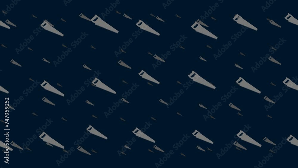 Poster hand saw symbols float horizontally from left to right. parallax fly effect. floating symbols are lo