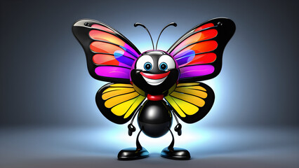 a cartoon character with a happy face funny butterfly on a black background. cartoon illustration of a butterfly. looking cute, adorable, and joyful. cartoon illustration. trendy style. banner 