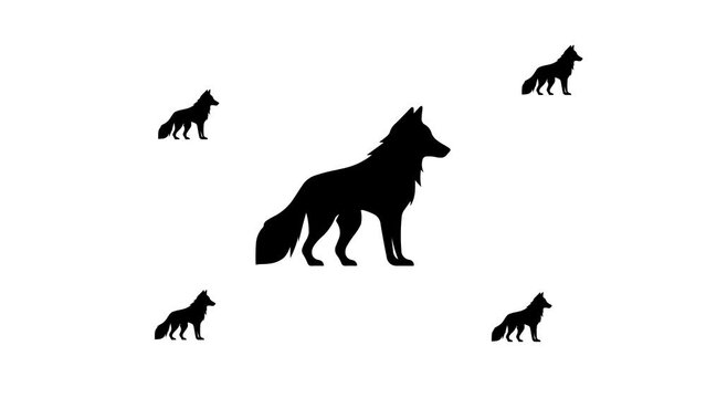 Zoom in and out animation the wolf symbol. Large black symbol in the center and four small symbols around. Seamless looped 4k animation on white background