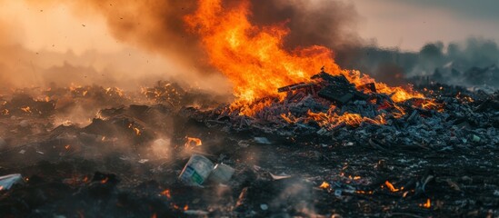 Burning Hope: Symbolic Pile of Garbage with Fire in the Distance - obrazy, fototapety, plakaty