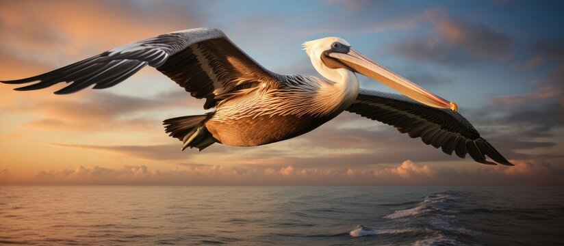 A brown pelican soars gracefully through the sky above the rippling ocean as the sun sets in the horizon, casting a warm golden glow over the scene.