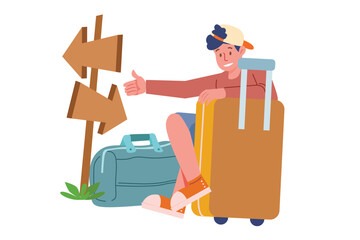 The Man Sat Beside the Directions, Holding His Suitcase | 
 Travel Summer Activity