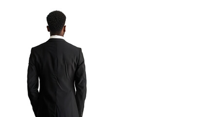 black businessman in a business outfit, looking white wall, white background PNG