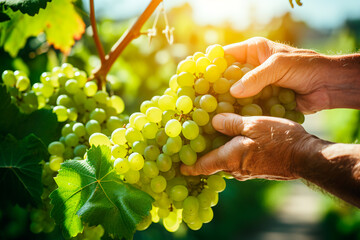 A farmer plucks green grapes from a branch close-up, grape harvest, sunlight