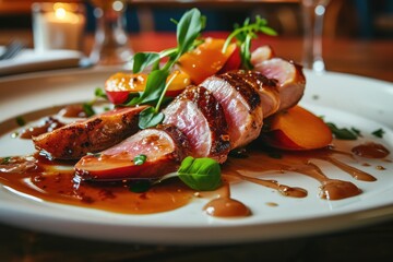 Duck Breast with Baked Apple and Peaches on Elegant Restaurant Plate, Sliced Poultry Meat - obrazy, fototapety, plakaty
