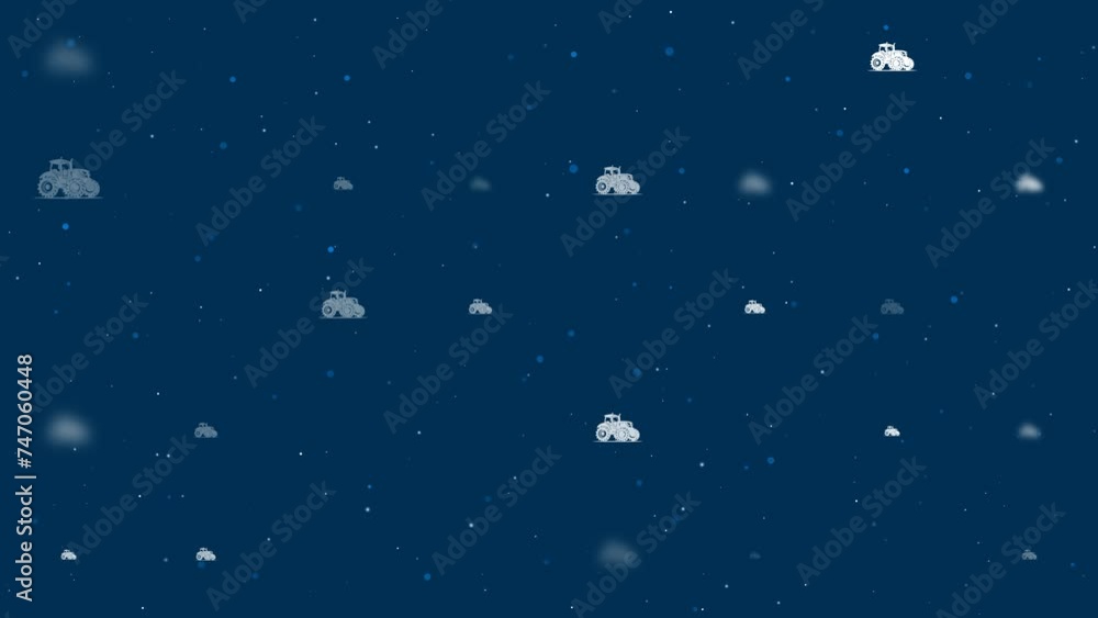 Poster template animation of evenly spaced tractor symbols of different sizes and opacity. animation of tra