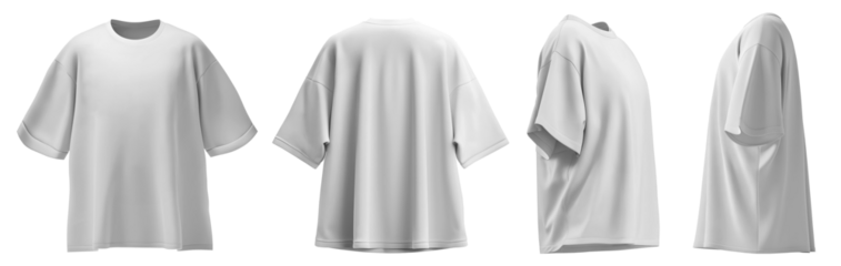 Set of white oversized loose Drop Shoulder tee t shirt round neck front, back and side view on transparent background cutout, PNG file. Mockup template for artwork graphic design.