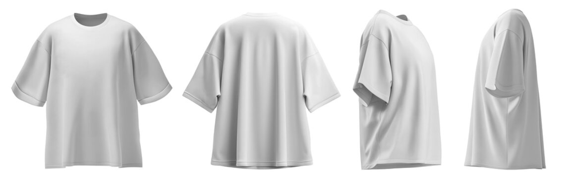 Set of white oversized loose Drop Shoulder tee t shirt round neck front, back and side view on transparent background cutout, PNG file. Mockup template for artwork graphic design.