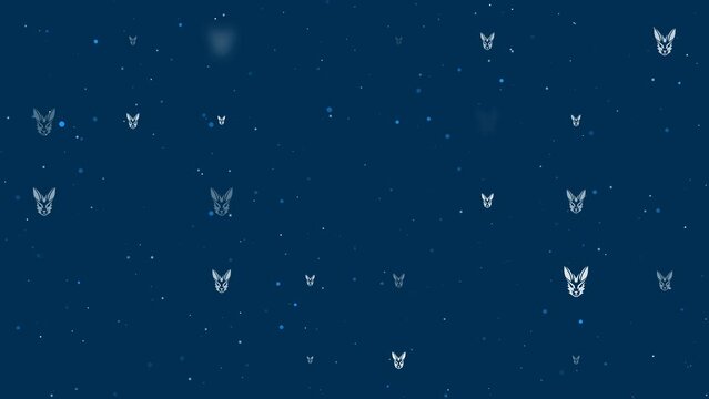 Template animation of evenly spaced hare's head symbols of different sizes and opacity. Animation of transparency and size. Seamless looped 4k animation on dark blue background with stars