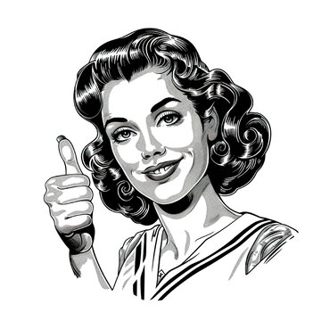 Black and white vector clip art from the 1950s woman with thumb up ad vintage stock image white background PNG