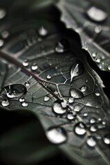 Close-up black and white water droplets on the leaf