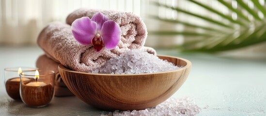 A wooden bowl filled with sea salt, towels, and candles, surrounded by flower petals and other serveware on the table.