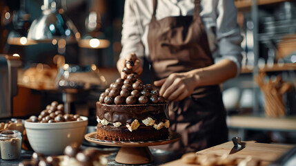 Unrecognizable female baker putting chocolate.
