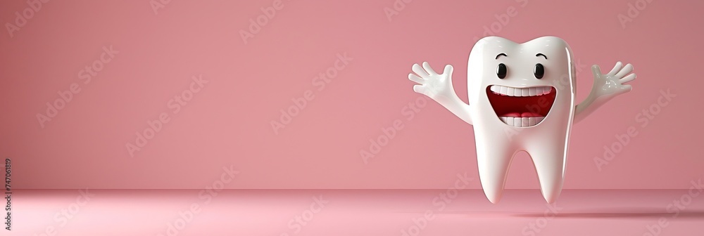 Poster adorable cartoon tooth character in 3d isolated on pastel background with space for text