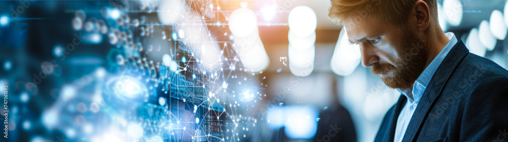 Poster Business professional analyzing global networks and data connections with a dynamic interface on a digital tablet in a modern corporate environment