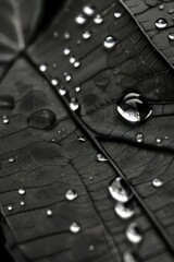 Close-up black and white water droplets on the leaf