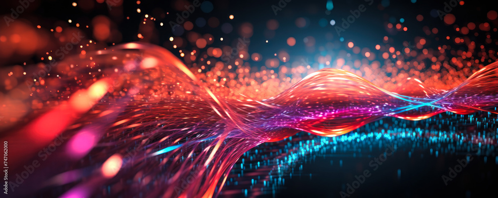 Poster vibrant abstract visualization of a digital data stream in cyberspace, representing high-speed infor