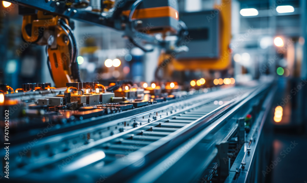 Poster modern automated production line in a factory with robotics and conveyor belt technology manufacturi