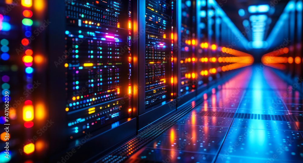 Poster high-tech data center server racks with glowing led lights, symbolizing network infrastructure, clou