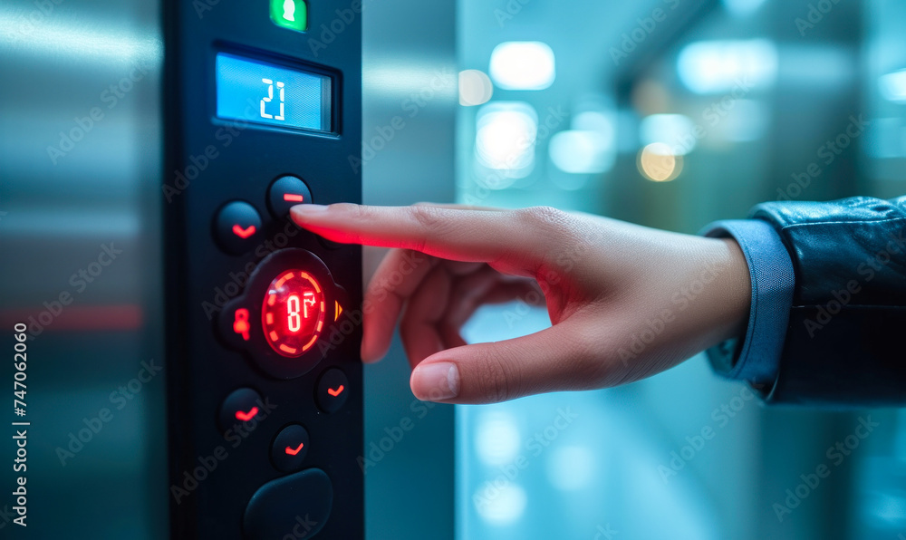 Poster close-up of a person's hand using a modern security access control touchpad to enter a secure office