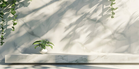 Marble table with white stucco wall texture background with light beam and shadow suitable for product.