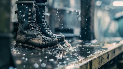 Close-up of water droplets on robust boots in an urban setting, symbolizing durability and protection. - obrazy, fototapety, plakaty
