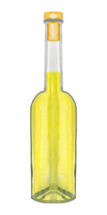 Bottle with limoncello watercolor illustration. Hand drawn image of lemon liqueur. Traditional Italian drink.