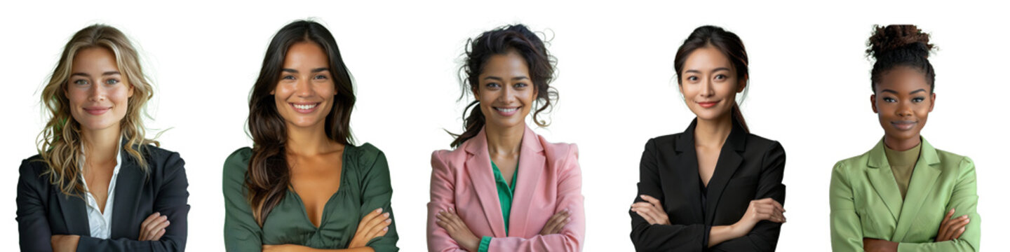 Smiling diverse group of business woman with crossed arms isolated in transparent background, picture collection