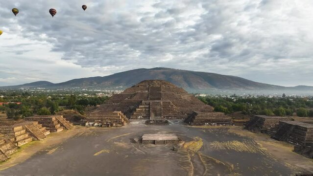 Aerial view away from the Pyramid of the moon, sunrise in Teotihuacan, Mexico