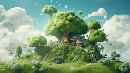 Whimsical fairy tale castle on green hilltop with turrets reaching sky and fluffy clouds © Philipp