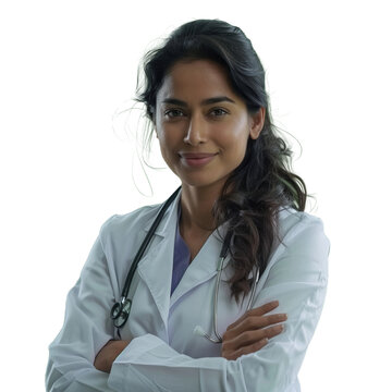 Smiling indian female doctor with crossed arms, isolated transparent background