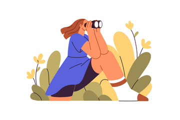 Curious woman looking through binoculars, watching, exploring, searching new opportunity, aim. Vision, perspective, focus, curiosity concept. Flat vector illustration isolated on white background - 747062662