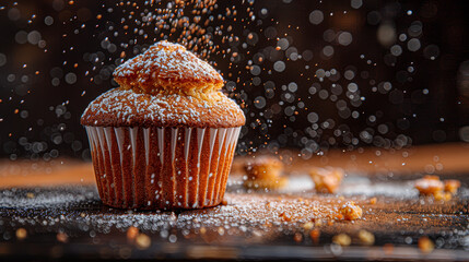 Golden sprinkles on a cupcake with creamy topping against a bokeh light backdrop.