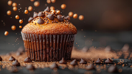 Golden sprinkles on a cupcake with creamy topping against a bokeh light backdrop.