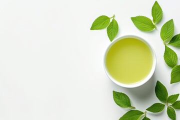 Healthy Light Green Tea Cup with Fresh Green Leaves