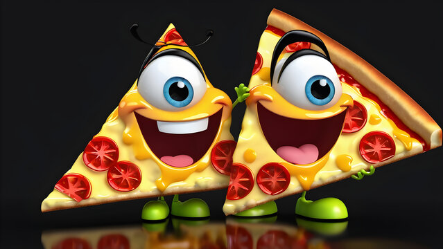 a cartoon character with a happy face and funny food pizza on a black background. This cute illustration is for a school notebook, menu, cover. Burger Day. Street food festival.
