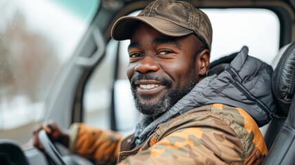 Smiling African American man in a cap and camo jacket driving a vehicle, showcasing positivity and confidence.