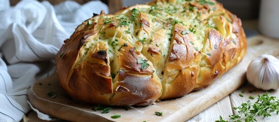 Artisan bread with savory cheese and aromatic herbs on a rustic cutting board