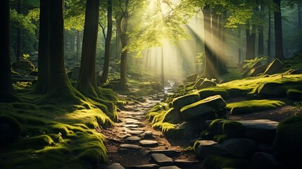 Peaceful forest glade with sunlight filtering through canopy and moss covered path - obrazy, fototapety, plakaty