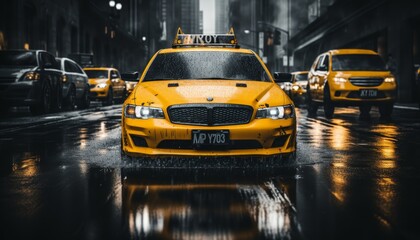 Vibrant motion yellow cabs in a bustling new york city street scene with blurred background