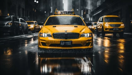 Schilderijen op glas Vibrant motion yellow cabs in a bustling new york city street scene with blurred background © Ilja