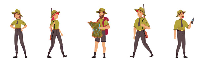 Male and Female Forest Rangers Working in Forest Vector Set