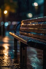 Close-up rainy days on the bench at night street on a blurred background