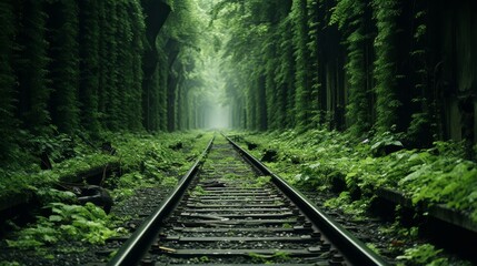 Abandoned railway station covered in vines and overgrown foliage, eerie nostalgic atmosphere - obrazy, fototapety, plakaty